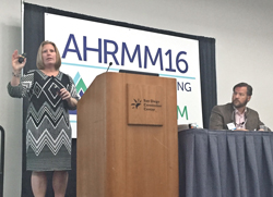 Linda Rouse O’Neill, HIDA, and Marshall Simpson, Owens & Minor, discuss ongoing pandemic preparedness efforts at AHRMM16